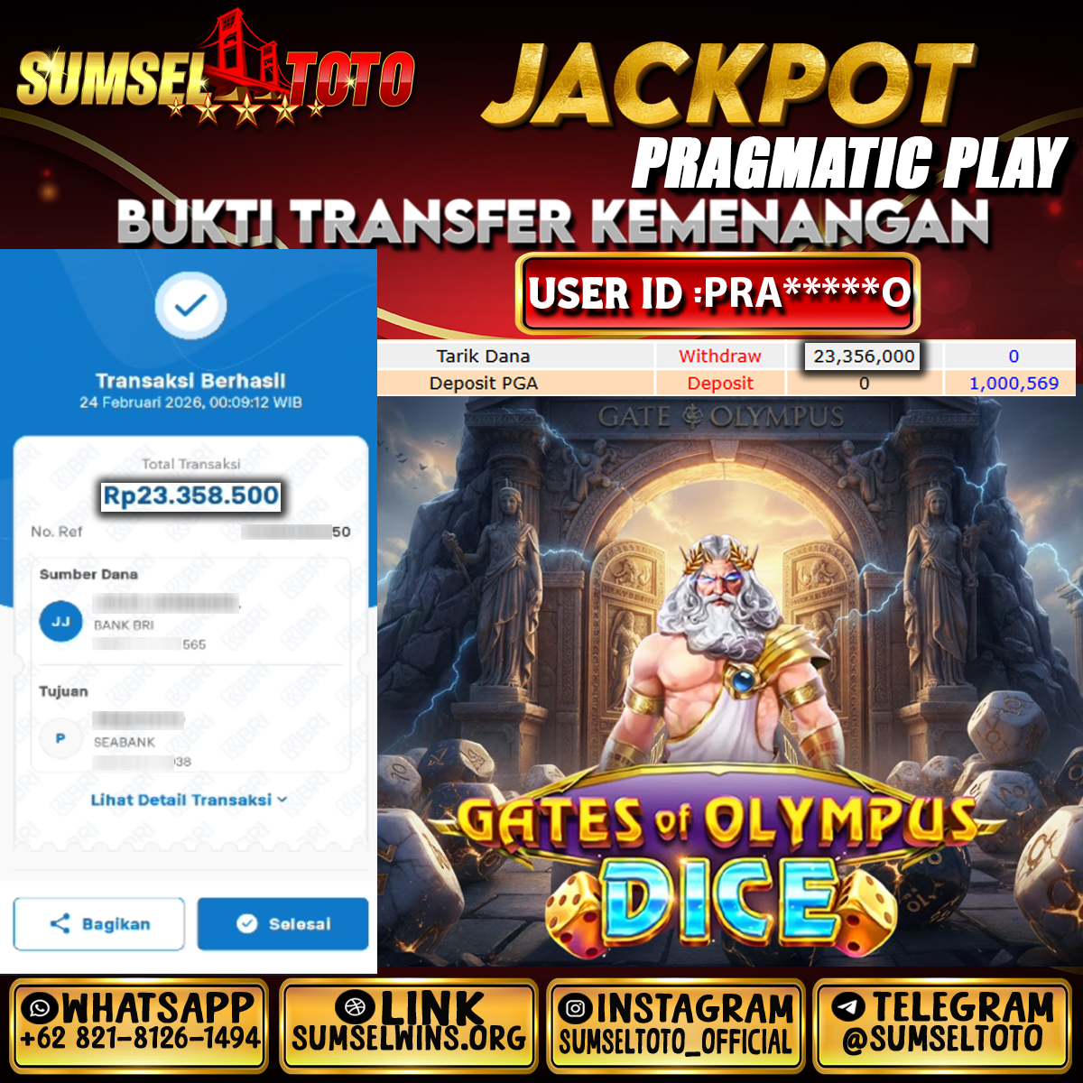 SUMSELTOTO JACKPOT GATES OF OLYMPUS DICE Rp.23,356,000.,- LUNAS